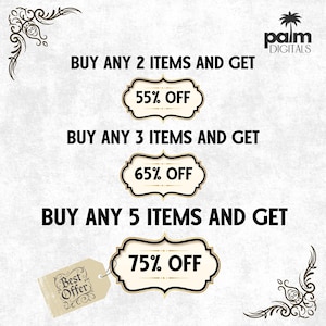 May include: A promotional graphic with text offering discounts. The text reads "Buy any 2 items and get 55% off," "Buy any 3 items and get 65% off," and "Buy any 5 items and get 75% off." Decorative flourishes frame the text.