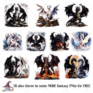 May include: A collection of fantasy-themed digital art featuring various dragons. The dragons are depicted in different colors, including black, white, and red, with detailed wings and scales. Some dragons are perched on rocks or books, while others are surrounded by fire or water. Text in the image reads: "I'll also throw in some MORE fantasy PNGs for FREE."