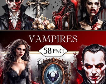 May include: Digital artwork showcasing vampire illustrations. The images include portraits of vampires with blood, a cross, garlic, and bats. The word "VAMPIRES" is displayed in large text, along with "58 PNG". The overall theme is gothic and horror.