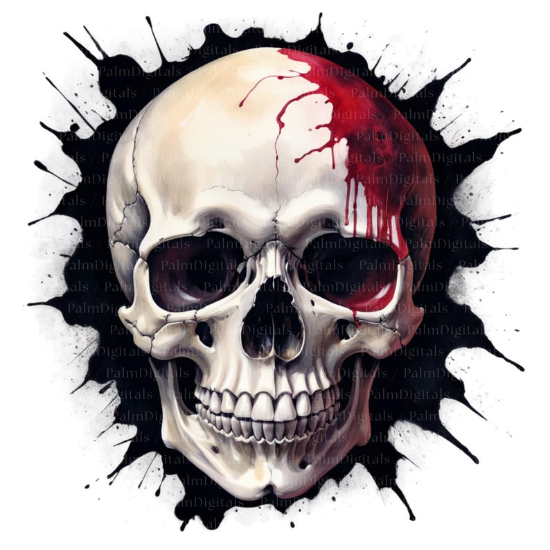 May include: A detailed illustration of a human skull with a blood-red stain and drips on the right side. The skull is white with dark eye sockets and teeth. Black ink splatters surround the skull, creating a dramatic effect. The image has a Halloween or horror theme.