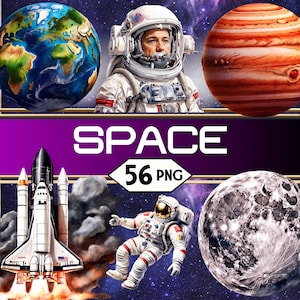 Bundle de cliparts PNG espace • Astronaute planètes fusées Vaisseau spatial Graphismes d'album pour POD, sublimation, Junk Journal • Lune jpeg SVG