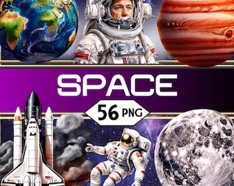 Space PNG Clipart Bundle • Astronaut Planets Rockets SpaceShip Scrapbook Graphics for POD, Sublimation, Junk Journal • Moon jpeg SVG