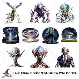 May include: A collection of digital art images featuring various extraterrestrial and fantasy creatures. The images include a praying mantis-like alien, a humanoid alien, a cat-like alien, and several UFOs. The text "I'll also throw in some MORE fantasy PNGs for FREE" is also included.