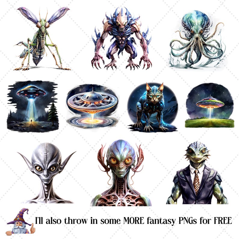 May include: A collection of digital art images featuring various extraterrestrial and fantasy creatures. The images include a praying mantis-like alien, a humanoid alien, a cat-like alien, and several UFOs. The text "I'll also throw in some MORE fantasy PNGs for FREE" is also included.