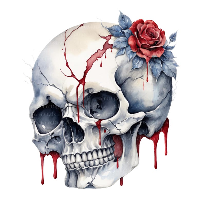 May include: Watercolor illustration of a human skull with a red rose and blue leaves. The skull is white with red blood dripping down. The rose is a vibrant red color.