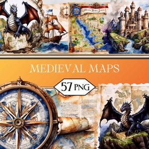 May include: Watercolor illustrations of medieval maps, a compass, a ship, and a dragon. The text "MEDIEVAL MAPS" is displayed above a graphic that reads "57 PNG". The maps feature castles, mountains, and waterways.