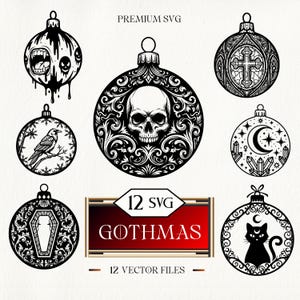 May include: A collection of black and white SVG Christmas ornament designs. The ornaments feature gothic themes, including a skull, cross, raven, coffin, and cat. The text "GOTHMAS" is displayed on a red and gold sign, with "12 SVG" and "12 VECTOR FILES" also present.