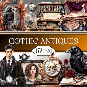Gothic Antiques PNG Clipart Bundle • Dark Vintage Scrapbook Graphics for POD, Sublimation, Junk Journal • Dark Academia jpeg SVG Images