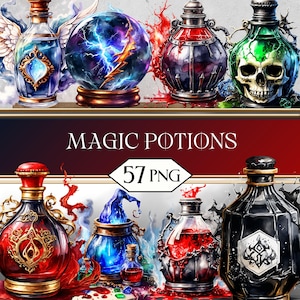 Può includere: Un'immagine di bottiglie di pozioni fantasy e una sfera di cristallo. Le bottiglie sono di varie forme e colori, tra cui rosso, blu e verde, con tappi ornati. È visibile anche il testo "MAGIC POTIONS" e "57 PNG".