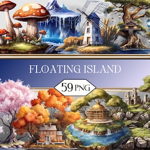 Puede incluir: Ilustración digital de un paisaje de fantasía con islas flotantes. La imagen incluye setas gigantes, un molino de viento, una casa en el árbol y varios edificios. También está presente el texto "FLOATING ISLAND" y "59 PNG".