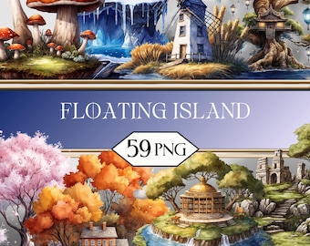 Floating Island PNG Clipart Bundle • Fantasy Island Scenery Cottage Scrapbook Graphics for POD, Sublimation, Junk Journal • jpeg SVG