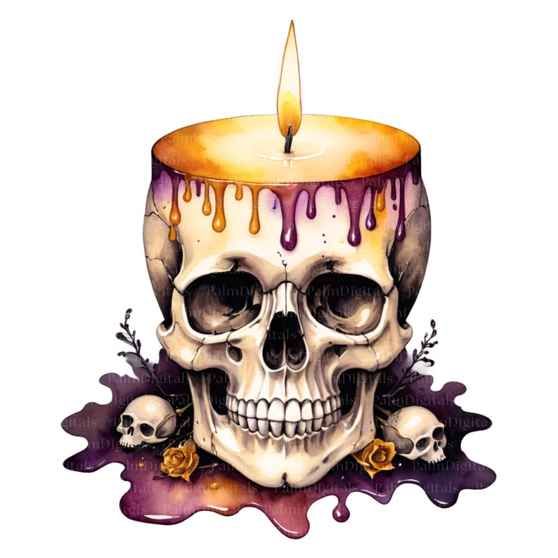 May include: A watercolor illustration of a skull-shaped candle with a lit flame. The candle has a yellow and orange top with purple drips. Two small skulls and yellow roses are at the base, with a purple liquid spill.