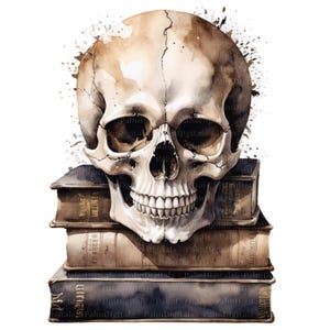 May include: Watercolor illustration of a human skull atop a stack of old books. The skull is detailed with realistic shading and cracks, with a brown watercolor splatter effect. The books are aged with visible text.
