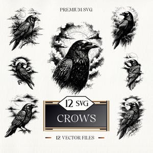 Könnte beinhalten: Schwarz-Weiß-Illustrationen von Krähen in verschiedenen Posen, mit Vollmond und Wolken im Hintergrund. Das Bild enthält den Text "PREMIUM SVG" und "12 SVG CROWS 12 VECTOR FILES".