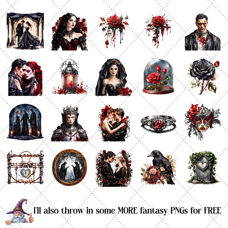 May include: A collection of fantasy-themed PNG images featuring gothic and romantic elements. Includes illustrations of couples, roses, masks, a raven, a ring, and a witch. The images are in shades of black, red, and white, with intricate details.