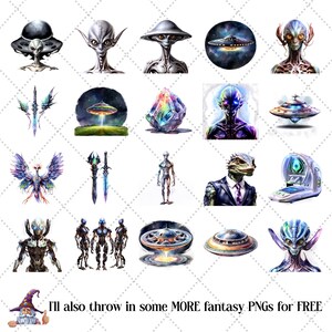 May include: A collection of digital art featuring various extraterrestrial beings and UFOs. The images showcase diverse alien designs, including humanoid figures, futuristic spacecraft, and otherworldly landscapes. The color palette includes metallic silver, vibrant blues, and glowing effects.
