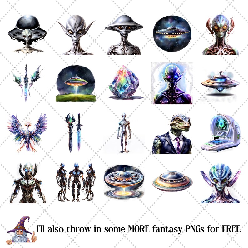 May include: A collection of digital art featuring various extraterrestrial beings and UFOs. The images showcase diverse alien designs, including humanoid figures, futuristic spacecraft, and otherworldly landscapes. The color palette includes metallic silver, vibrant blues, and glowing effects.