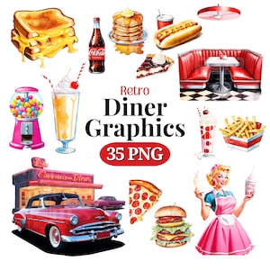 Retro American Diner PNG SVG Clipart • America Food Scrapbook Graphics for POD, Sublimation, Designs • Vintage Diner Bundle • PalmDigitals