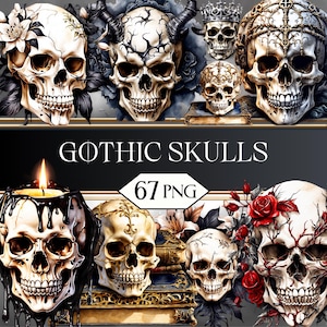 May include: A digital art composition featuring multiple skull illustrations with various decorative elements. Some skulls have horns, crowns, or floral accents. The text "GOTHIC SKULLS" is displayed prominently, along with "67 PNG". The skulls are in shades of white, gray, and gold.