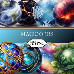 May include: A collection of digitally created orbs with various designs, including a globe, a cracked black orb, a snowflake orb, and a fiery red orb. The image also includes orbs with gold filigree, a galaxy design, and a green orb with leaves. The text "MAGIC ORBS" and "55 PNG" are also present.