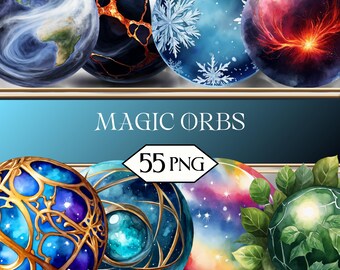 May include: A collection of digitally created orbs with various designs, including a globe, a cracked black orb, a snowflake orb, and a fiery red orb. The image also includes orbs with gold filigree, a galaxy design, and a green orb with leaves. The text "MAGIC ORBS" and "55 PNG" are also present.