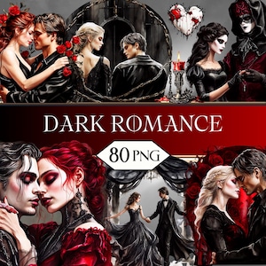 Könnte beinhalten: Digitale Kunst mit Paaren in gotischer Kleidung, mit roten Rosen und dunklen Hintergründen. Der Text "DARK ROMANCE" wird über der Zahl "80 PNG" angezeigt. Das Gesamtthema ist romantisch und geheimnisvoll.