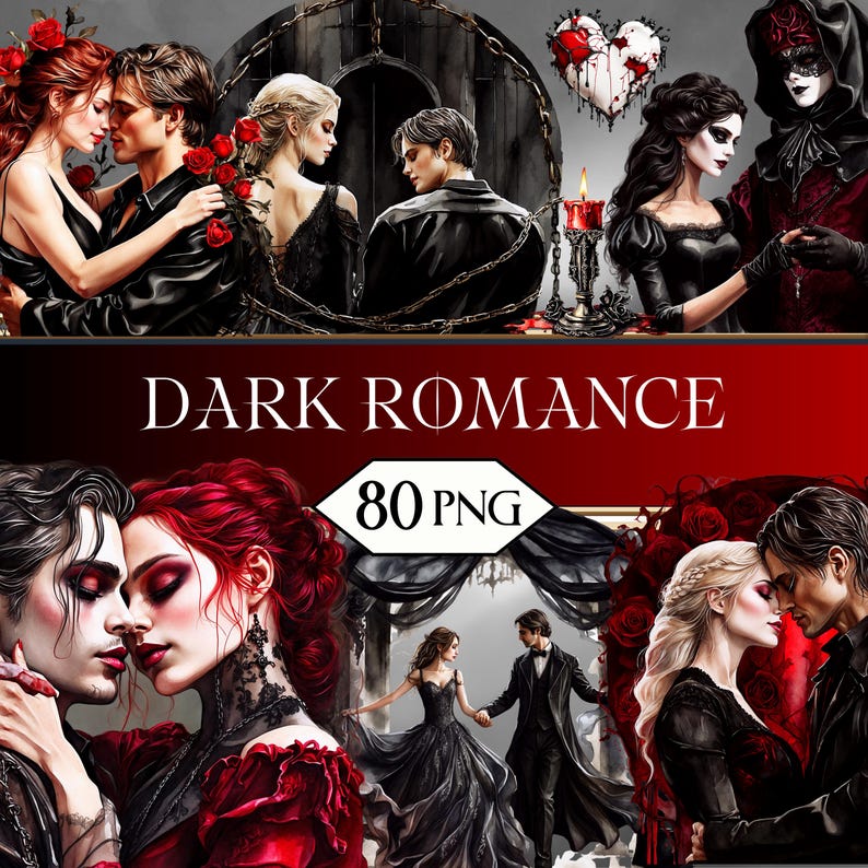 May include: Digital art featuring couples in gothic attire, with red roses and dark backgrounds. The text "DARK ROMANCE" is displayed above the number "80 PNG". The overall theme is romantic and mysterious.