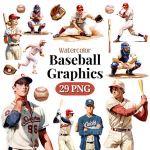 Clipart PNG SVG retrò da baseball • Grafica per album di ritagli di baseball per POD, sublimazione, design • Bundle jpeg da baseball ad acquerello • PalmDigitals
