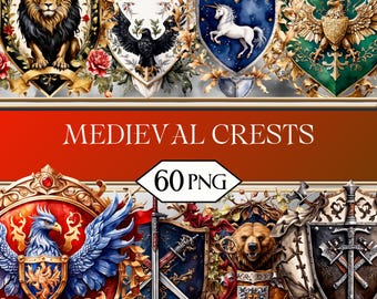 May include: A selection of medieval crests showcasing heraldic designs such as a lion, eagle, unicorn, and bear. The image includes the text "MEDIEVAL CRESTS" and "60 PNG". The crests are in gold, red, blue, and green.