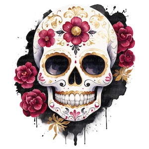 May include: A watercolor illustration of a sugar skull with a white base, gold accents, and burgundy flowers. The skull features intricate floral designs and is surrounded by black ink splatters and additional burgundy flowers.