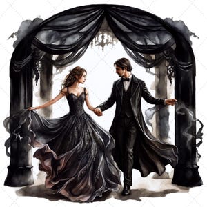 May include: Watercolor illustration of a couple in formal attire, holding hands under a black draped archway. The woman wears a black gown with lace details, and the man is in a black suit. The scene evokes a romantic, gothic theme.