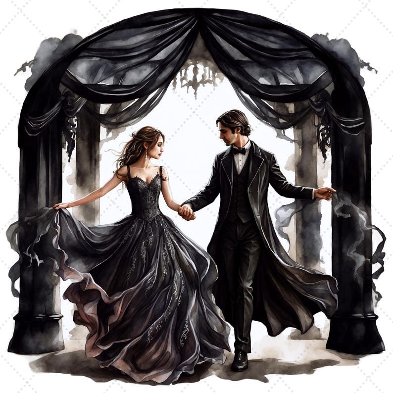 May include: Watercolor illustration of a couple in formal attire, holding hands under a black draped archway. The woman wears a black gown with lace details, and the man is in a black suit. The scene evokes a romantic, gothic theme.