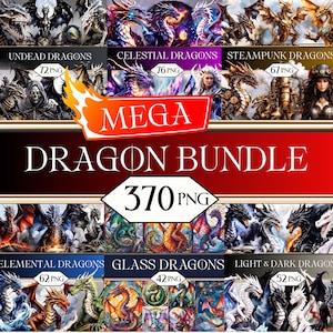May include: A digital art bundle featuring various dragon illustrations. The image showcases different dragon themes, including undead, celestial, steampunk, elemental, glass, and light & dark dragons. The bundle includes 370 PNG files.