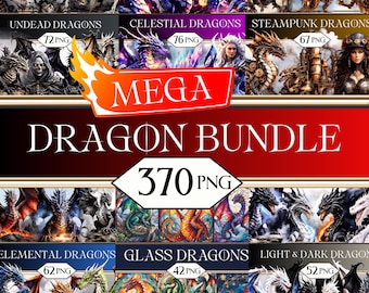 MEGA Dragons PNG Clipart Bundle • Fantasy Mystical Dragon Age Scrapbook Graphics for POD, Sublimation, Junk Journal, dnd • jpeg svg