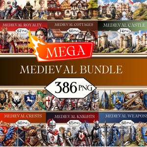 Può includere: Un pacchetto di arte digitale con temi medievali. L'immagine mostra illustrazioni di regalità, cottage, castelli, stemmi, cavalieri e armi. Il pacchetto include 386 file PNG, con set individuali che vanno da 60 a 74 PNG.