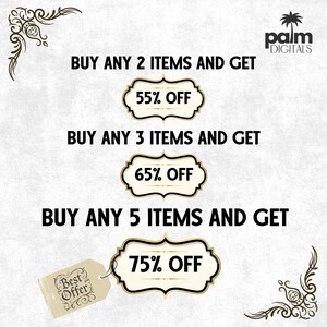 May include: A promotional graphic with text offering discounts. The text reads "Buy any 2 items and get 55% off," "Buy any 3 items and get 65% off," and "Buy any 5 items and get 75% off." Decorative flourishes frame the text.