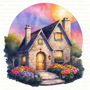 16 Zauberhaftes Cottage PNG SVG Clipart • Stein Cottage Scrapbook Grafiken für POD, Sublimation • Feenhaus jpeg Bundle • PalmDigitals