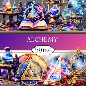 Könnte beinhalten: Eine Illustration mit alchemistischen Elementen. Das Bild zeigt offene Bücher, Glasfläschchen mit bunten Flüssigkeiten, eine Pyramide und eine Kristallkugel. Das Wort "ALCHEMY" wird über einer "59 PNG" Grafik angezeigt.