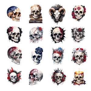 May include: A collection of watercolor skull illustrations. Each skull features unique designs, including floral accents, crowns, and blood-like splatters. The skulls are in various colors, including white, blue, and red, with a dark background.