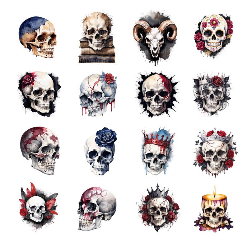 May include: A collection of watercolor skull illustrations. Each skull features unique designs, including floral accents, crowns, and blood-like splatters. The skulls are in various colors, including white, blue, and red, with a dark background.