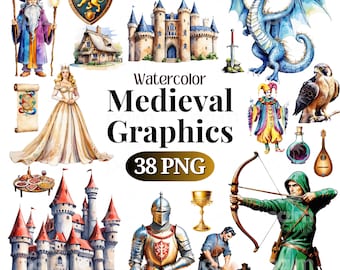 May include: Watercolour illustrations of medieval graphics, including a castle, a dragon, a knight, a jester, a king, a queen, a bow and arrow, a goblet, a lute, a falcon, a scroll, and a shield. The text "Watercolour Medieval Graphics 38 PNG" is included in the image.