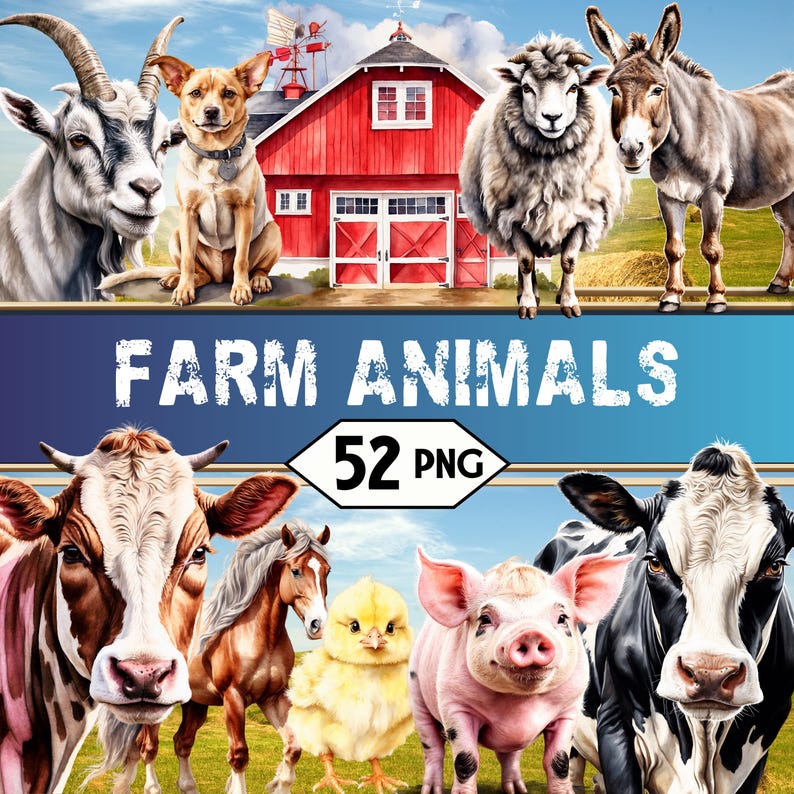 Farm Animals PNG Clipart Bundle • Watercolor Horse, Pig, Sheep Tractor ...