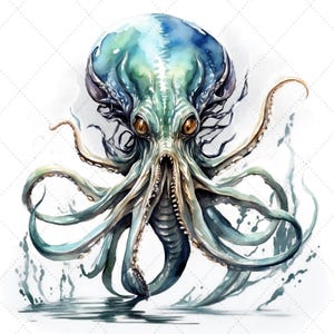 May include: Watercolor illustration of an octopus with a blue and green color scheme. The octopus has large, brown eyes and multiple tentacles. The artwork has a detailed, artistic style, with water splashes around the octopus.