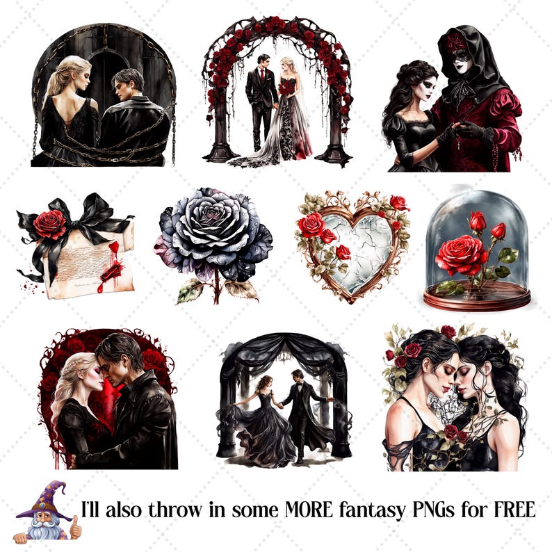 May include: A collection of fantasy-themed digital art images. The images include couples in gothic attire, roses, and decorative elements. The text "I'll also throw in some MORE fantasy PNGs for FREE" is included.