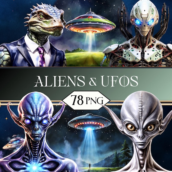 Aliens and UFOs PNG Clipart Bundle • Extra Terrestrial Alien Monster Scrapbook Graphics for POD, Sublimation, Junk Journal • jpeg SVG