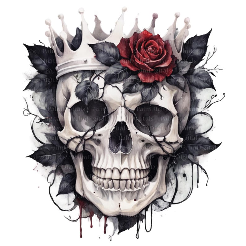 May include: A watercolor illustration of a skull wearing a white crown and adorned with a red rose and dark leaves. The skull has a cracked appearance with black vines and drips.