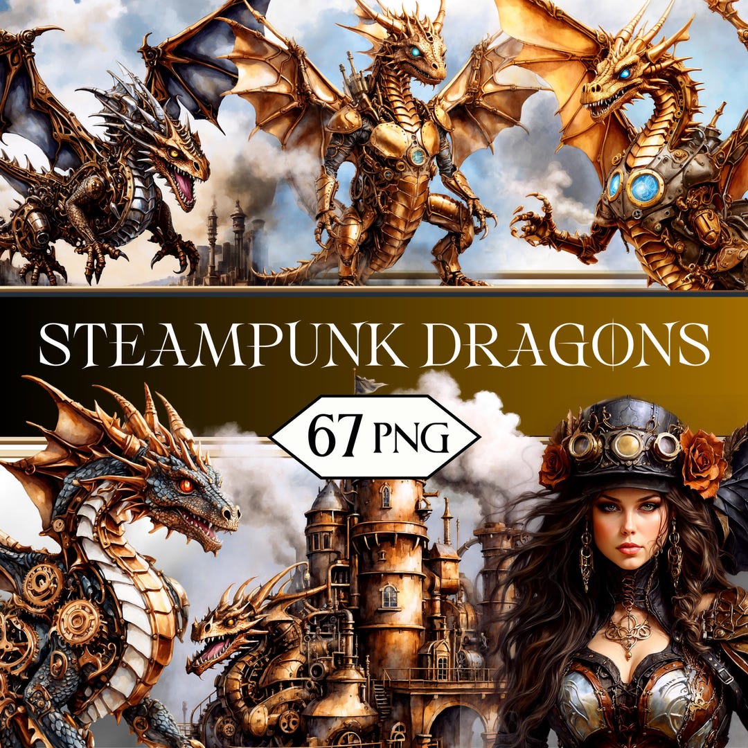 Steampunk Dragons PNG Clipart Bundle • Fantasy Dragon Age Scrapbook ...