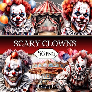 Paquete de imágenes prediseñadas PNG de payasos góticos aterradores • Gráficos de álbum de recortes de carnaval de muñeco payaso de Halloween para POD, sublimación, diario basura • jpeg SVG