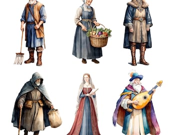 12 Medieval Townsfolk PNG Clipart • Medieval Character Scrapbook Graphics for POD, Sublimation, Card Making • jpeg Bundle • PalmDigitals
