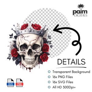 May include: Digital illustration of a skull wearing a silver crown and surrounded by red roses and dark leaves. The image includes the text "DETAILS" and file type icons for SVG and PNG.